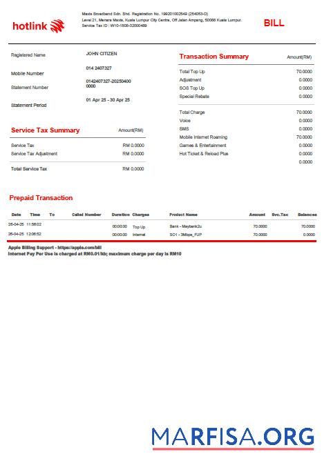 Blank Malaysia Hotlink utility bill template in Word and PDF formats